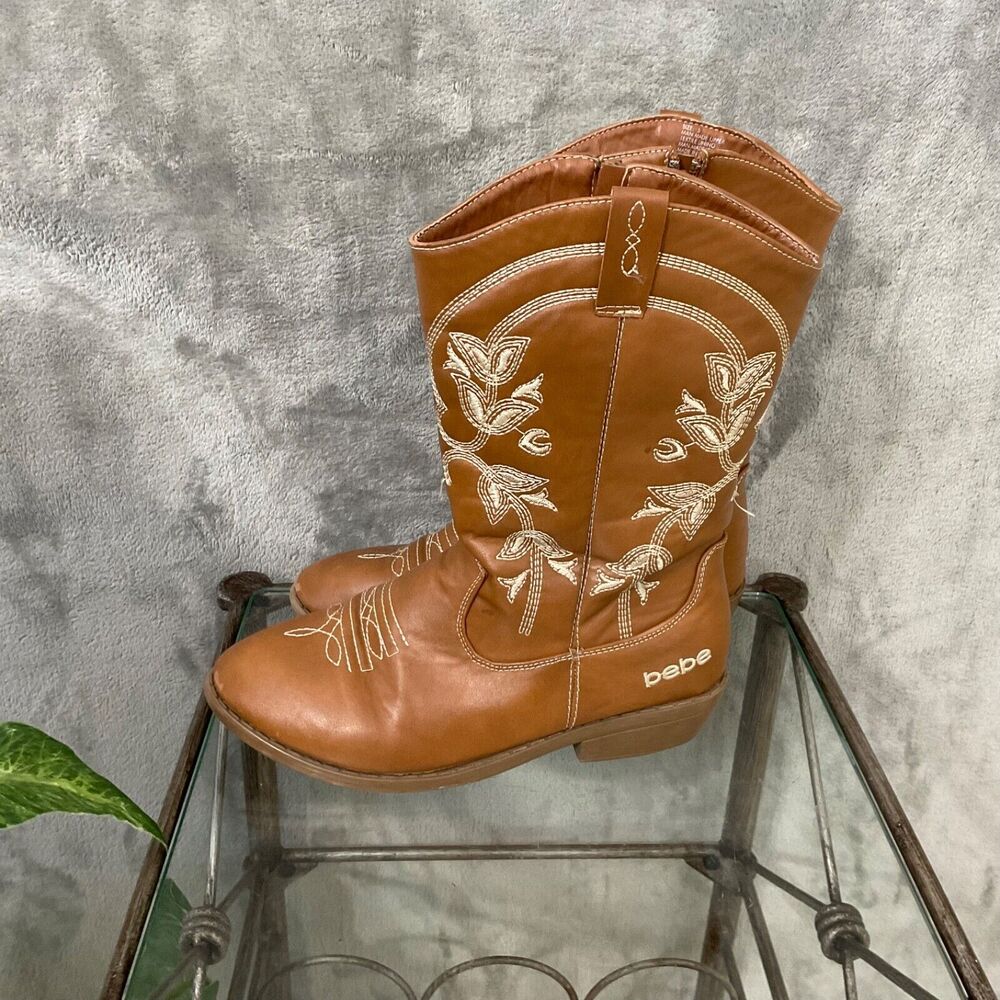 Bebe Cowgirl Boots women’s size 5 Brown faux leather embroidered logo name